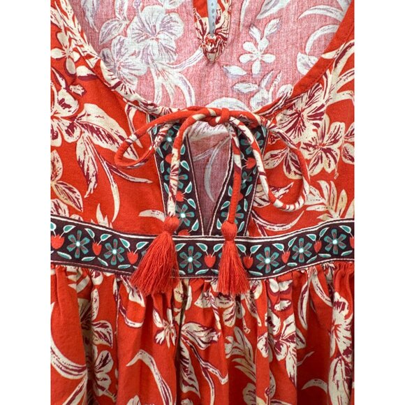 Beach Lunch Lounge Dress Sz M Orange Floral Boho Peasant Tasseled Casual 3/4Slv - Picture 5 of 14